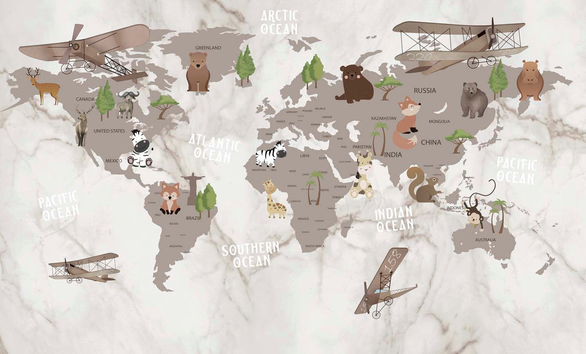 Tapet Personalizat Micii Exploratori cu harta lumii pentru copii cu animale si vegetatie pe un fundal de marmura bej - MARBLE KID'S MAP