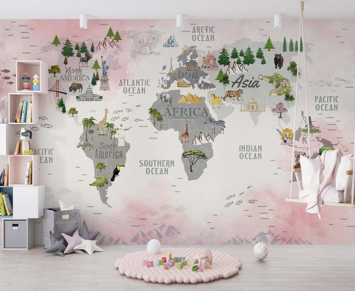 Tapet Personalizat Micii Exploratori cu harta lumii pe continente cu vegetatie si fundal roz - WORLD'S SEVEN WONDERS MAP