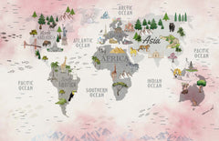 Tapet Personalizat Micii Exploratori cu harta lumii pe continente cu vegetatie si fundal roz - WORLD'S SEVEN WONDERS MAP