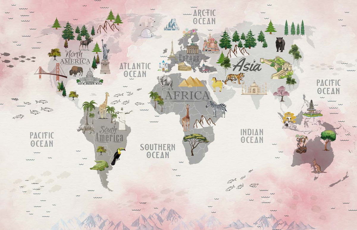 Tapet Personalizat Micii Exploratori cu harta lumii pe continente cu vegetatie si fundal roz - WORLD'S SEVEN WONDERS MAP