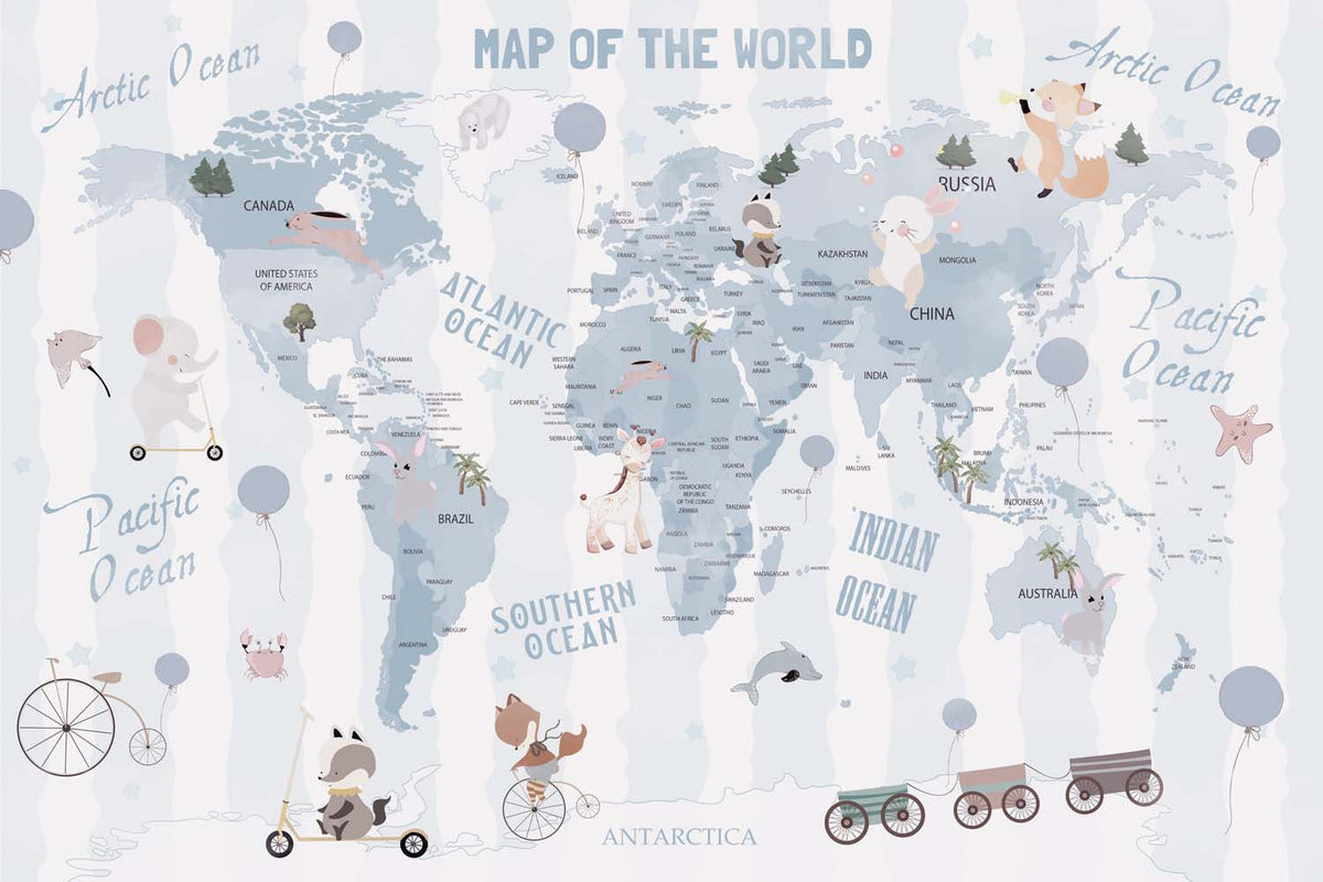Tapet Personalizat Micii Exploratori cu harta lumii pentru copii si fundal in dungi albastru baby blue - BABY BLUE KID'S MAP