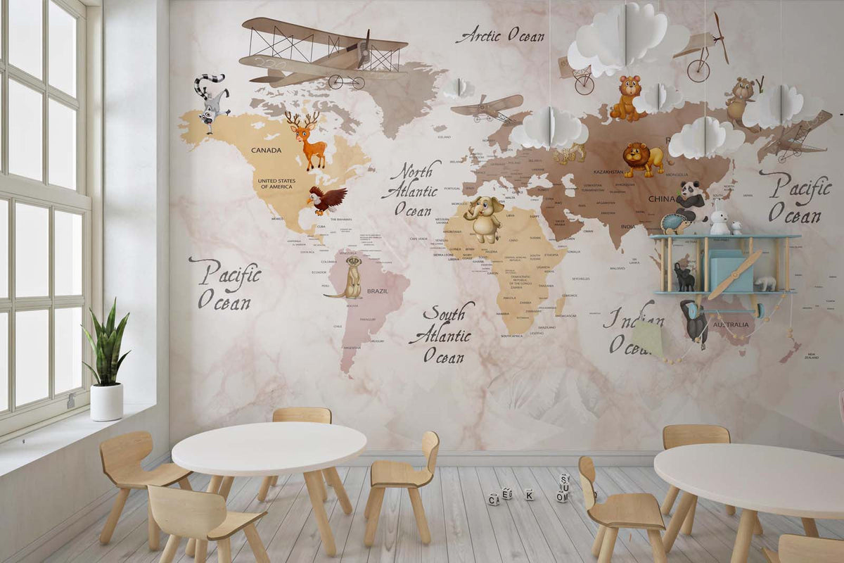 Tapet Personalizat Micii Exploratori cu harta lumii pe continente si fundal colorat in stil watercolor - WATERCOLOR PAPER MAP