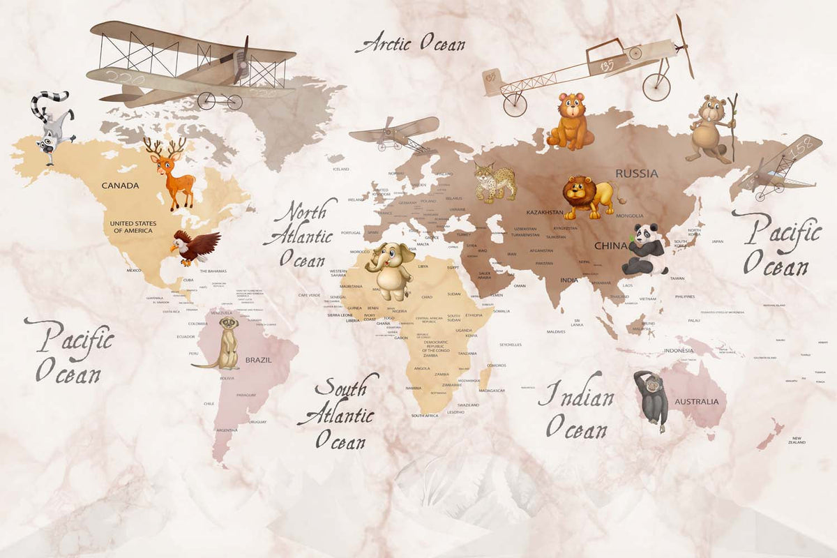 Tapet Personalizat Micii Exploratori cu harta lumii pe continente si fundal colorat in stil watercolor - WATERCOLOR PAPER MAP