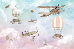 Tapet Personalizat Micii Exploratori cu avioane si baloane cu aer cald pe un fundal gradient albastru-roz - PINK AND BLUE SKY