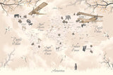 Tapet Personalizat Micii Exploratori cu harta lumii in vegetatie in nuante de alb si bej - AUTUMN TREES MAP