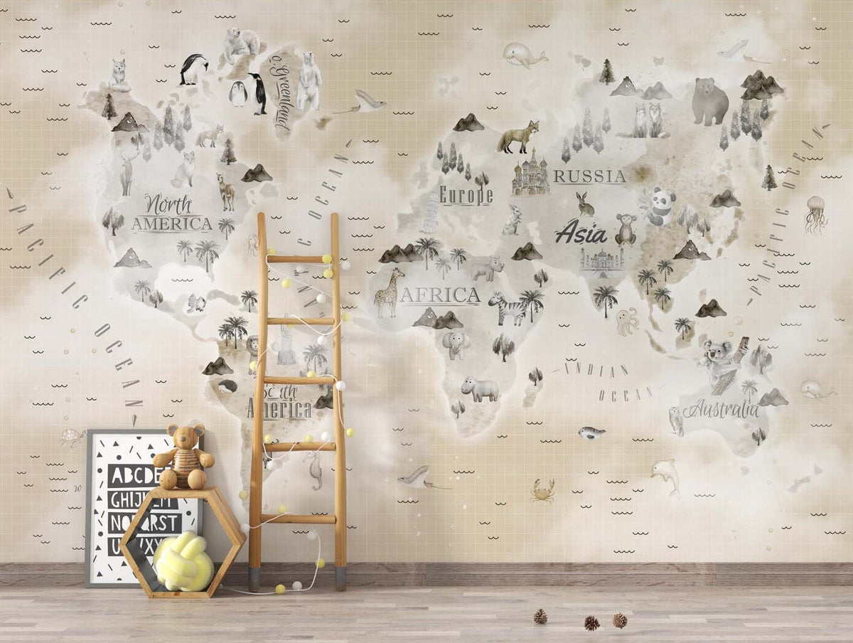 Tapet Personalizat Micii Exploratori cu harta lumii cu animale si vegetatie, continente gri si fundal bej - PATCHY BEIGE MAP