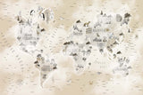 Tapet Personalizat Micii Exploratori cu harta lumii cu animale si vegetatie, continente gri si fundal bej - PATCHY BEIGE MAP