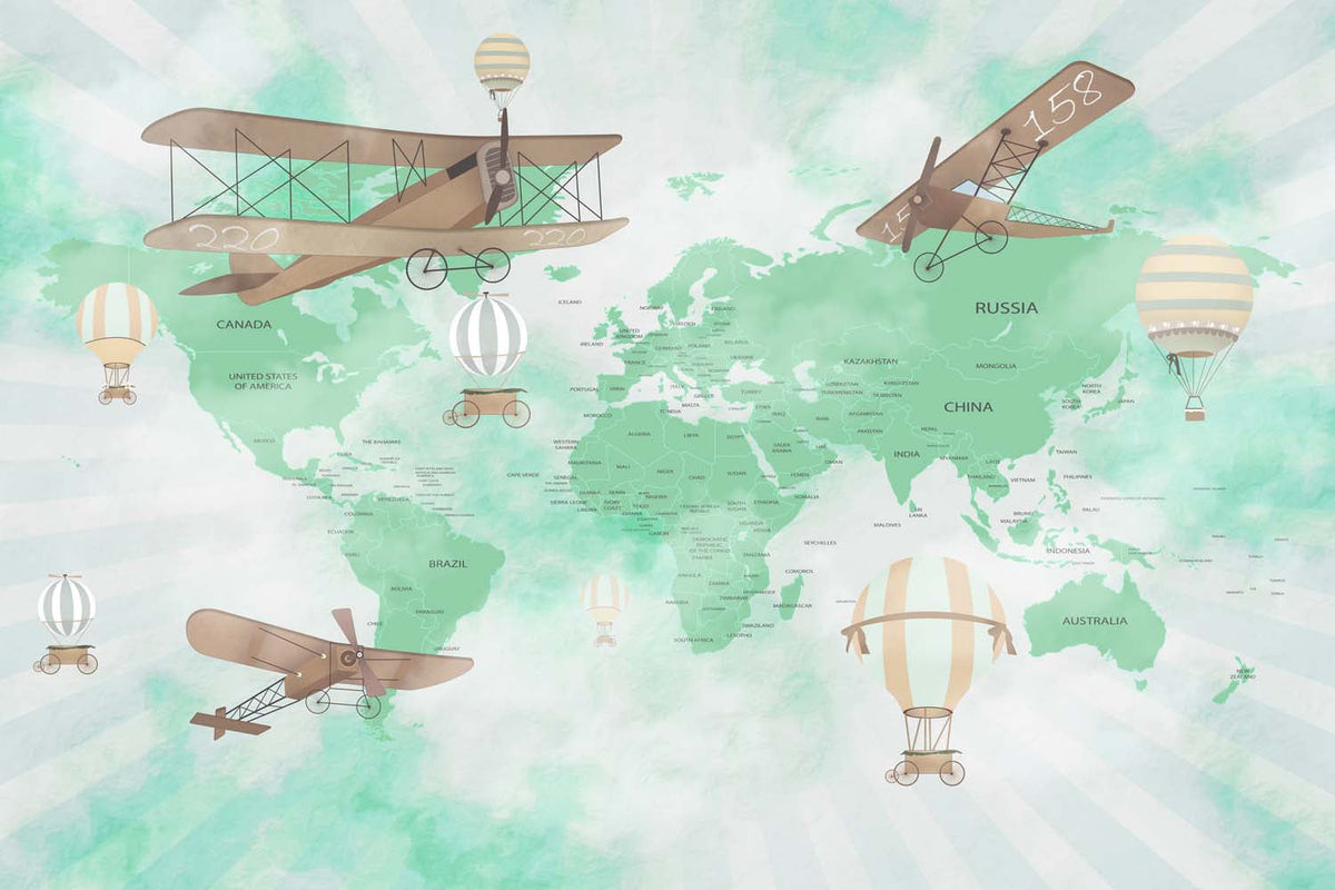 Tapet Personalizat Micii Exploratori cu harta lumii avioane si baloane cu aer cald intr-un fundal verde - VIBRANT GREEN MAP