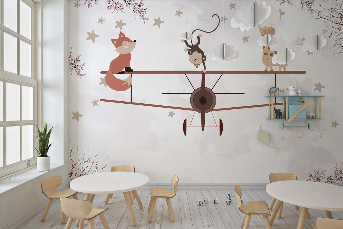 Tapet Personalizat Micii Exploratori cu animale pe avion biplan si cer instelat - STARRY BIPLANE