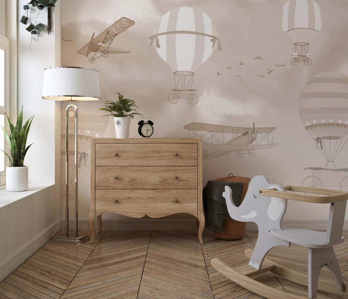 Tapet Personalizat Micii Exploratori cu baloane cu aer cald in nuante sepia bej - BEIGE FOGGY PLANES