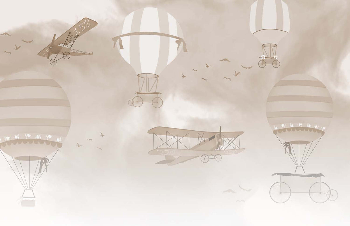 Tapet Personalizat Micii Exploratori cu baloane cu aer cald in nuante sepia bej - BEIGE FOGGY PLANES