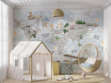 Tapet Personalizat Micii Exploratori cu harta lumii cu vegetatie si avioane pe un fundal albastru deschis - SPARKLE BALLOON MAP