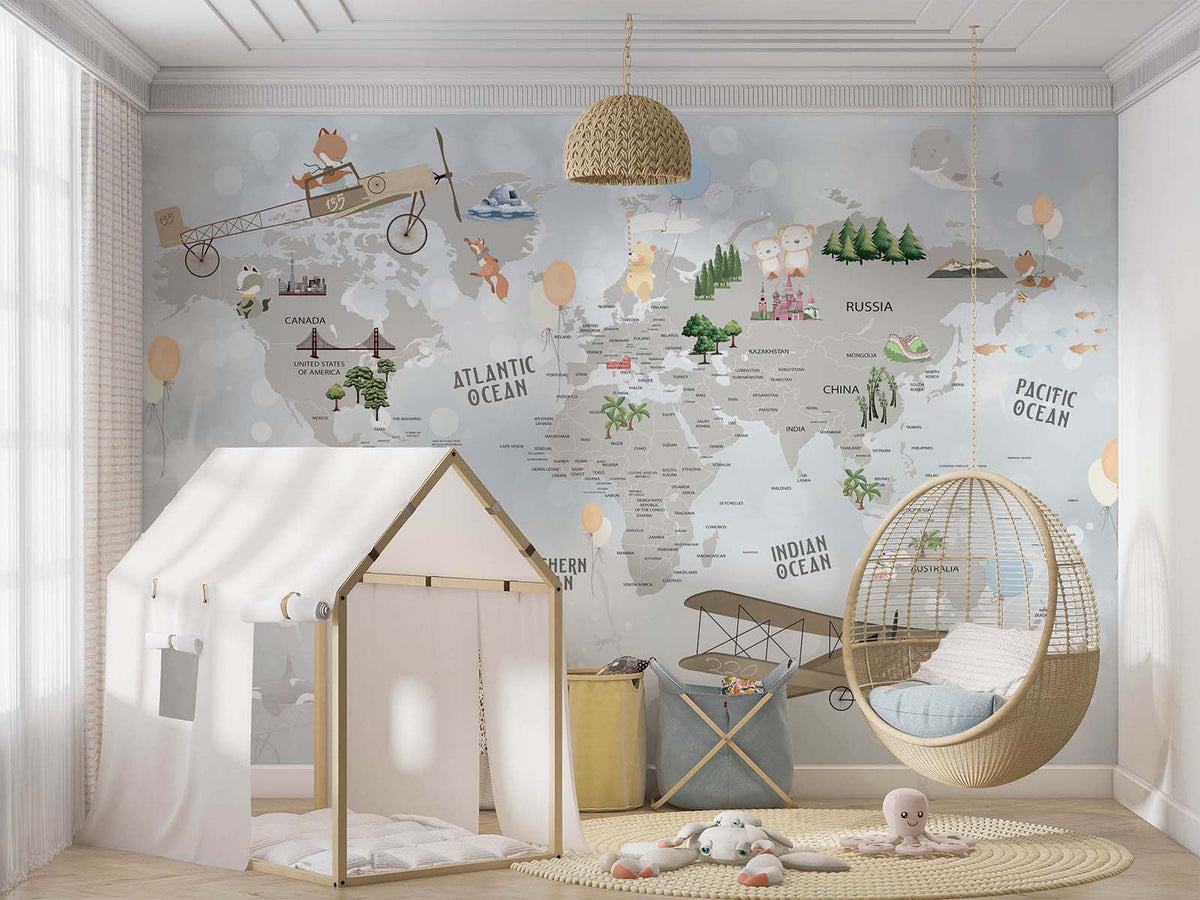 Tapet Personalizat Micii Exploratori cu harta lumii cu vegetatie si avioane pe un fundal albastru deschis - SPARKLE BALLOON MAP