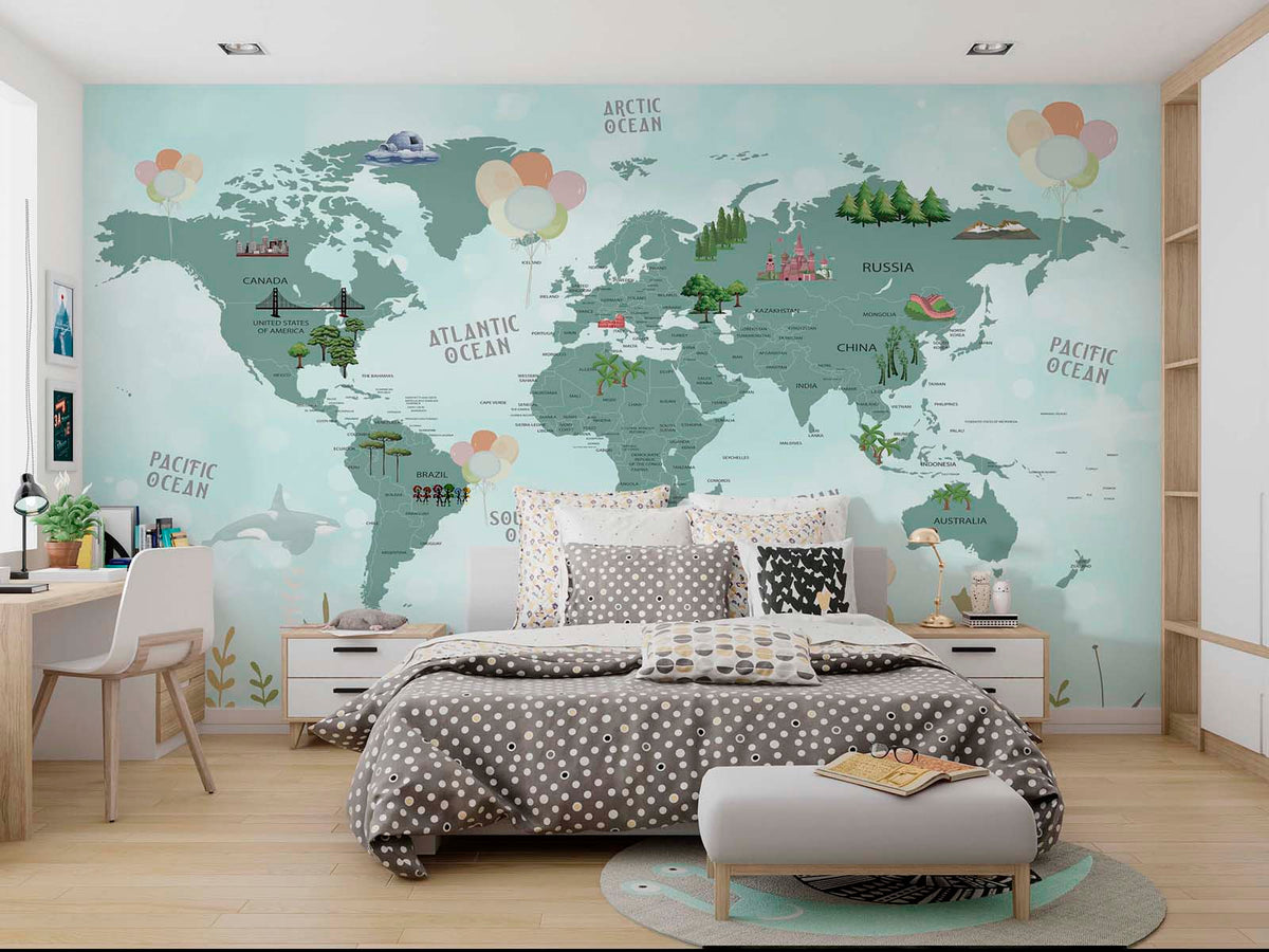 Tapet Personalizat Micii Exploratori cu harta lumii a vegetatiei in nuante de verde - GREEN VEGETATION MAP