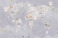 Tapet Personalizat Micii Exploratori cu harta globului pamantesc in nuante de grej albastru - KID'S GREY MAP