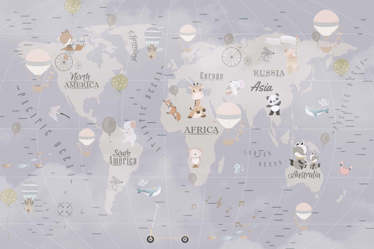 Tapet Personalizat Micii Exploratori cu harta globului pamantesc in nuante de grej albastru - KID'S GREY MAP