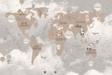 Tapet Personalizat Micii Exploratori cu harta lumii pentru copii cu continente bej si fundal cu nori gri - WARM TONES GLOBE MAP