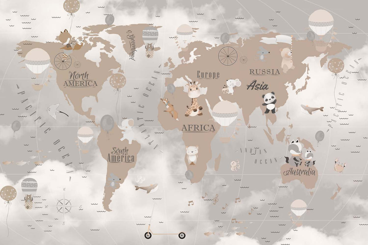 Tapet Personalizat Micii Exploratori cu harta lumii pentru copii cu continente bej si fundal cu nori gri - WARM TONES GLOBE MAP