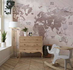 Tapet Personalizat Micii Exploratori cu harta lumii pentru copii cu animale in nuante de maro - CLOUDY BROWN MAP