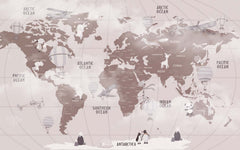 Tapet Personalizat Micii Exploratori cu harta lumii pentru copii cu animale in nuante de maro - CLOUDY BROWN MAP