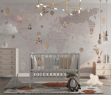 Tapet Personalizat Micii Exploratori cu harta lumii pentru copii detaliata cu animale in nuante de maro - BEIGE ANIMALS WORLD MAP