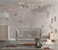 Tapet Personalizat Micii Exploratori cu harta lumii pentru copii detaliata cu animale in nuante de maro - BEIGE ANIMALS WORLD MAP
