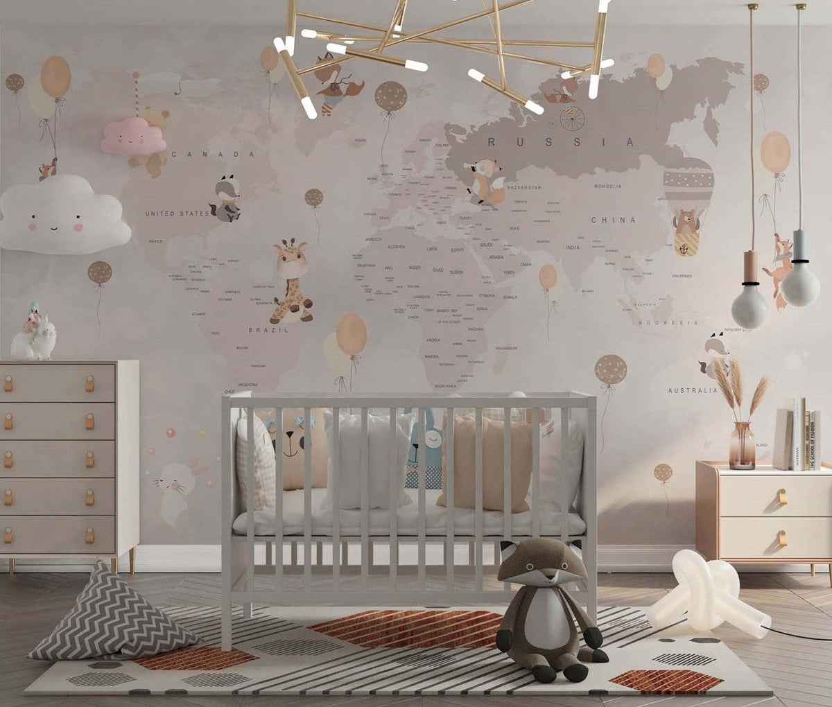 Tapet Personalizat Micii Exploratori cu harta lumii pentru copii detaliata cu animale in nuante de maro - BEIGE ANIMALS WORLD MAP