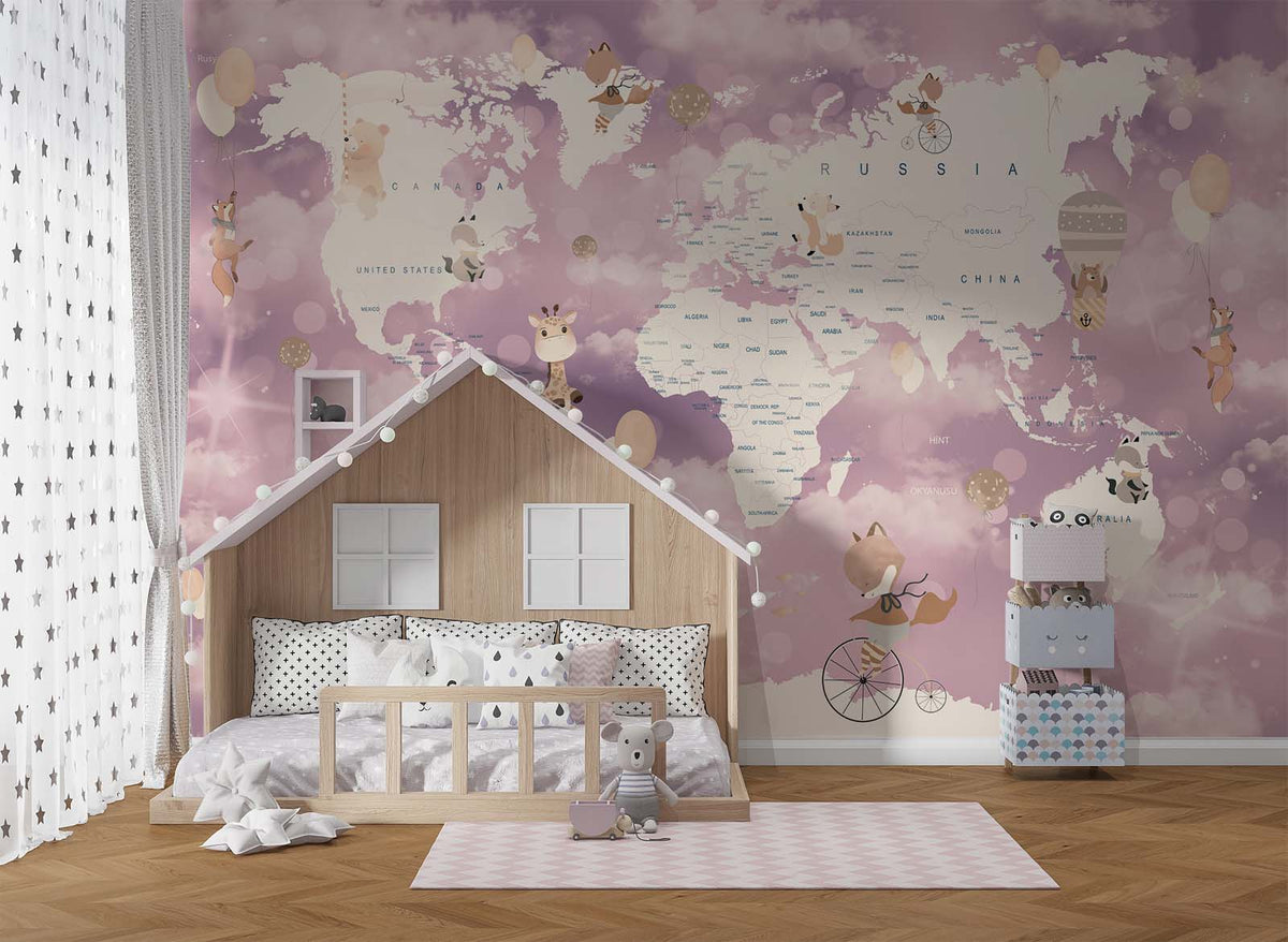 Tapet Personalizat Micii Exploratori cu harta lumii in nuante de roz si mov - PINK CLOUDY MAP