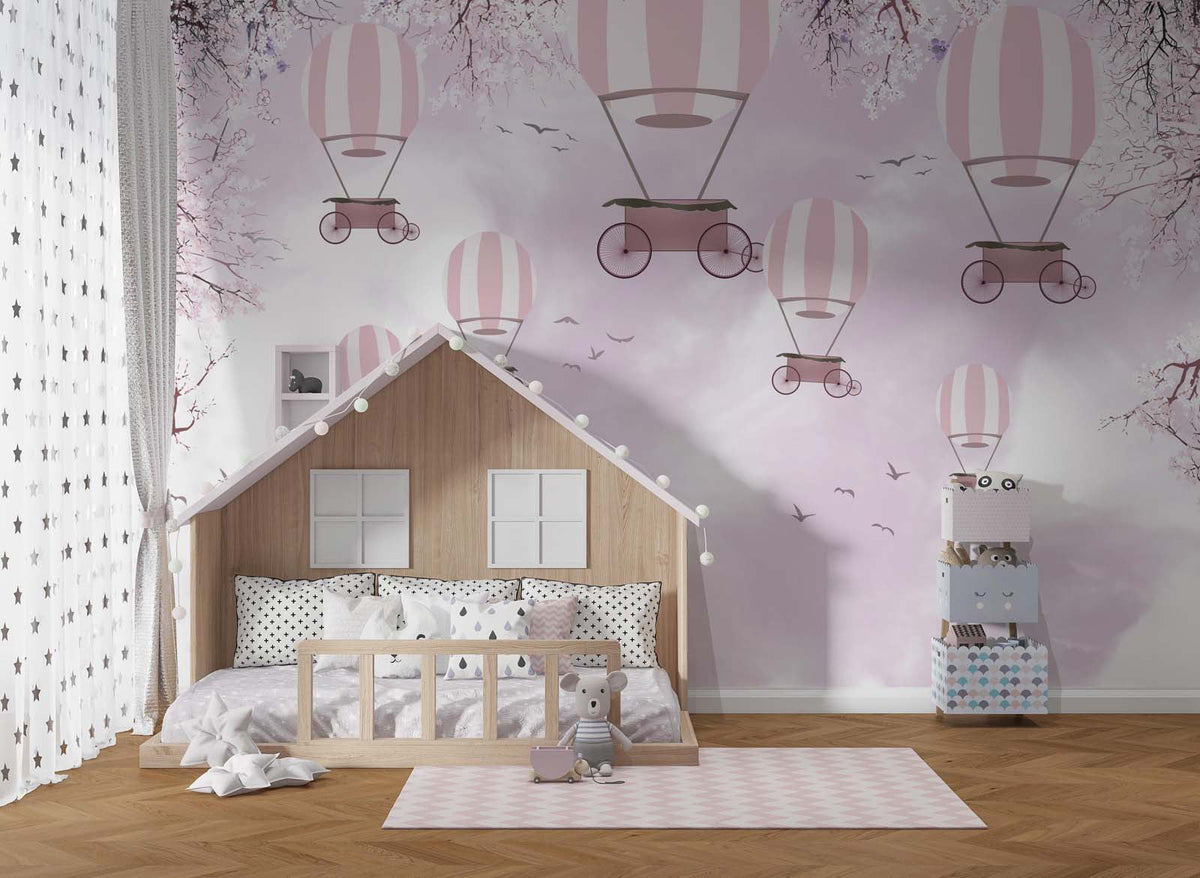 Tapet Personalizat Micii Exploratori cu baloane cu aer cald si pasari pe cerul roz - PINK SPRING BALLOONS