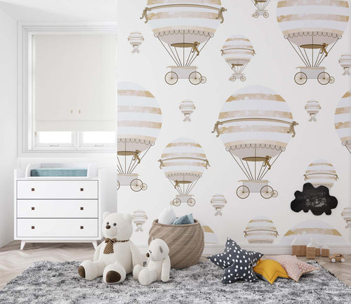Tapet Personalizat Micii Exploratori cu pattern cu baloane cu aer cald bej grej - BEIGE BALLOONS PATTERN