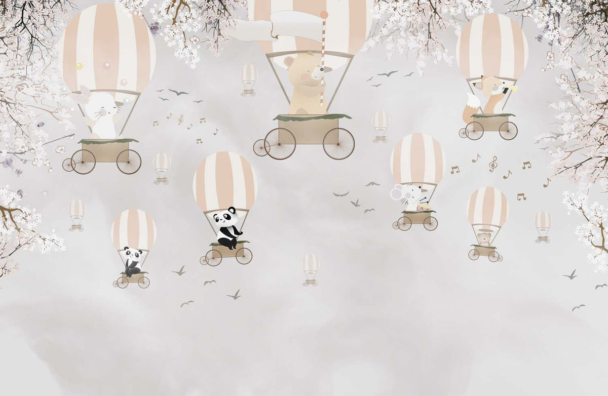 Tapet Personalizat Micii Exploratori cu baloane cu aer cald si animale printre copacii infloriti - WHITE CHERRY BLOOM BALLOONS