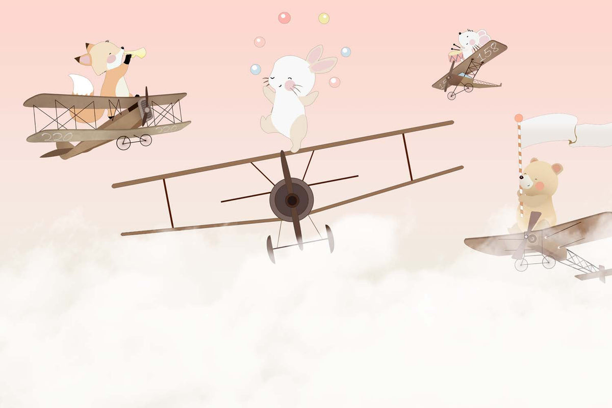 Tapet Personalizat Micii Exploratori cu trupa muzicala de animale pe avioane si fundal trandafiriu roz - BIPLANE BAND REUNION