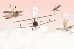 Tapet Personalizat Micii Exploratori cu trupa muzicala de animale pe avioane si fundal trandafiriu roz - BIPLANE BAND REUNION