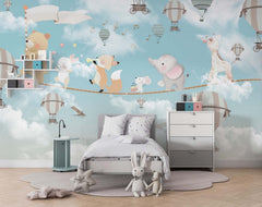 Tapet Personalizat Micii Exploratori cu animalute cantand pe franghie printre baloane cu aer cald - CIRCUS BAND IN THE SKY