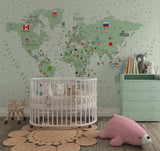 Tapet Personalizat Micii Exploratori cu harta lumii detaliata cu steaguri in nuante de verde - GREEN DETAILED MAP