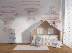 Tapet Personalizat Micii Exploratori cu baloane cu aer cald roz si animalute - PINK SOFT BALLOONS