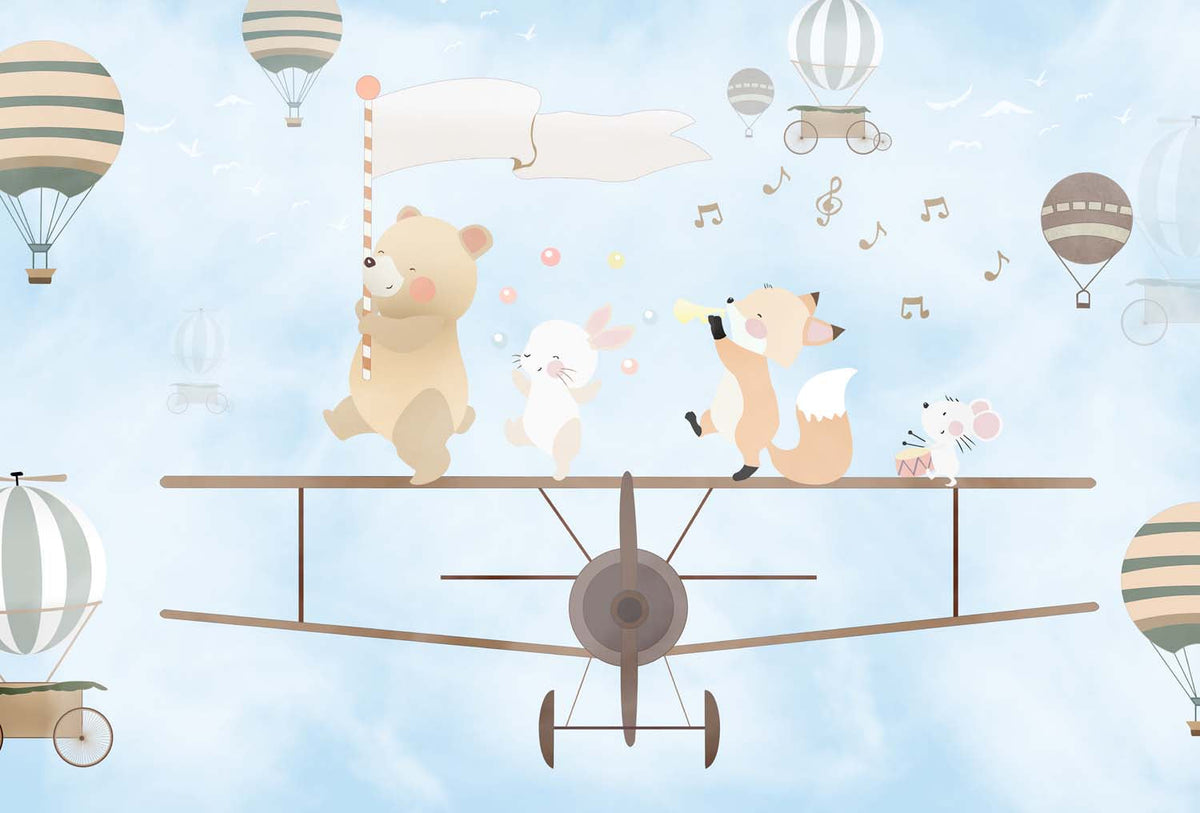 Tapet Personalizat Micii Exploratori cu animalute muzicale mergand pe avion - SINGING ON THE BIPLANE LIGHT