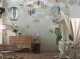 Tapet Personalizat Micii Exploratori cu animale in baloane cu aer cald si pene pe un fundal verde - FEATHER BALLOONS
