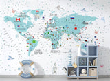 Tapet Personalizat Micii Exploratori cu harta detaliata a lumii in nuante albastre - BLUE BUBBLE DETAILED MAP