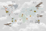 Tapet Personalizat Micii Exploratori cu harta lumii cu animale si avioane pe un fundal gri - GREY CLOUDY MAP