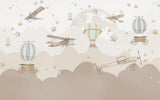 Tapet Personalizat Micii Exploratori cu avioane, baloane si luna printre nori abstracti in nuante de bej - MIDNIGHT FLIGHT BEIGE
