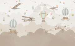 Tapet Personalizat Micii Exploratori cu avioane, baloane si luna printre nori abstracti in nuante de bej - MIDNIGHT FLIGHT BEIGE