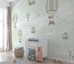 Tapet Personalizat Micii Exploratori cu baloane cu aer cald in nuante de verde menta - MINTY HOT AIR BALLOONS