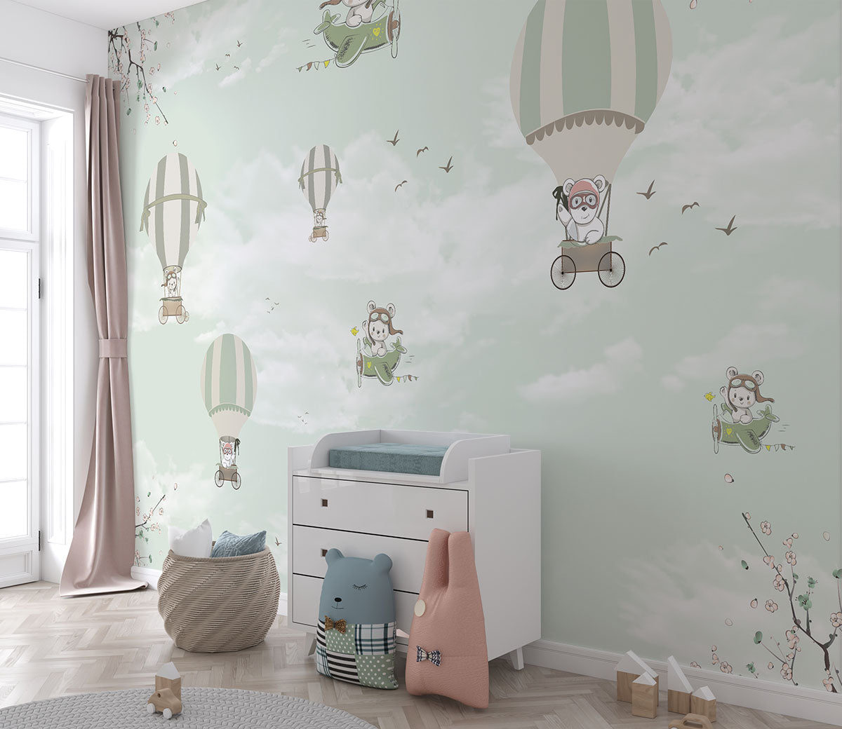 Tapet Personalizat Micii Exploratori cu baloane cu aer cald in nuante de verde menta - MINTY HOT AIR BALLOONS