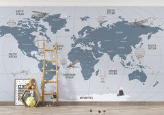 Tapet Personalizat Micii Exploratori cu harta lumii in nuante de albastru si gri - LIGHT BLUE MAP II