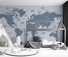 Tapet Personalizat Micii Exploratori cu harta lumii in nuante de albastru si gri - LIGHT BLUE MAP II