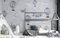 Tapet Personalizat Micii Exploratori cu avioane si baloane cu aer cald in nuante de albastru - LIGHT BLUE WATERCOLOR BALLOONS