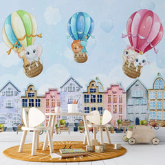 Tapet personalizat inspiratie scandinava pentru copii cu animale cladiri suedeze si baloane cu aer colorate stockholm