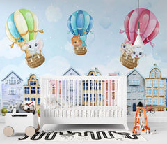 Tapet personalizat inspiratie scandinava pentru copii cu animale cladiri suedeze si baloane cu aer colorate stockholm