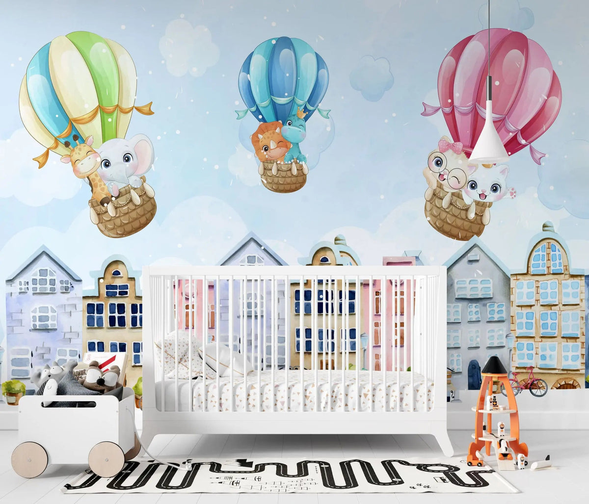 Tapet personalizat inspiratie scandinava pentru copii cu animale cladiri suedeze si baloane cu aer colorate stockholm